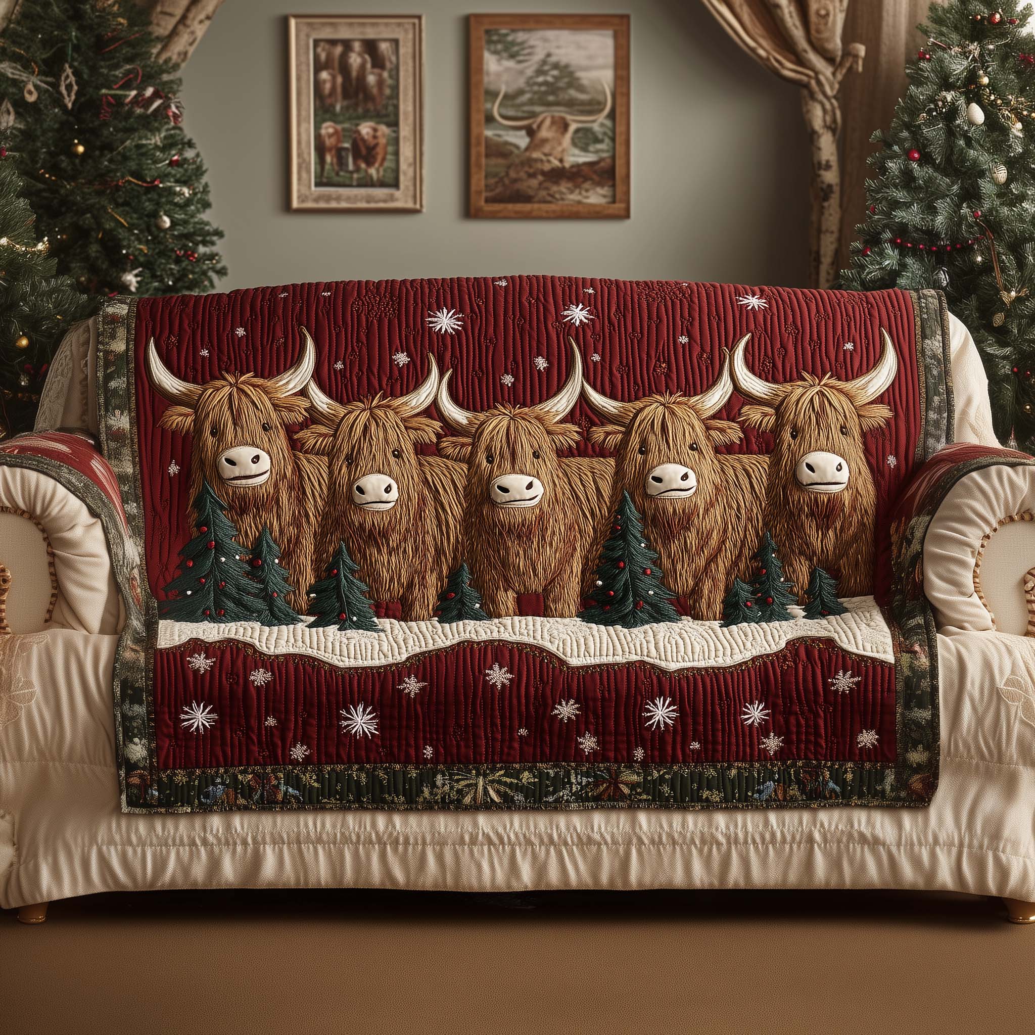 Highland Cow Quilted Sofa Cover Gentle Portrait Christmas Design Cow Lover Gift Ideas