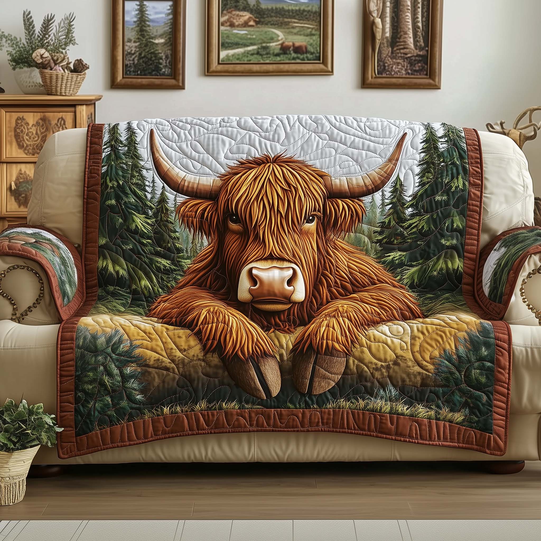 Highland Cow Quilted Sofa Cover Majestic Scottish Sofa Cover Cow Lover Gift Ideas