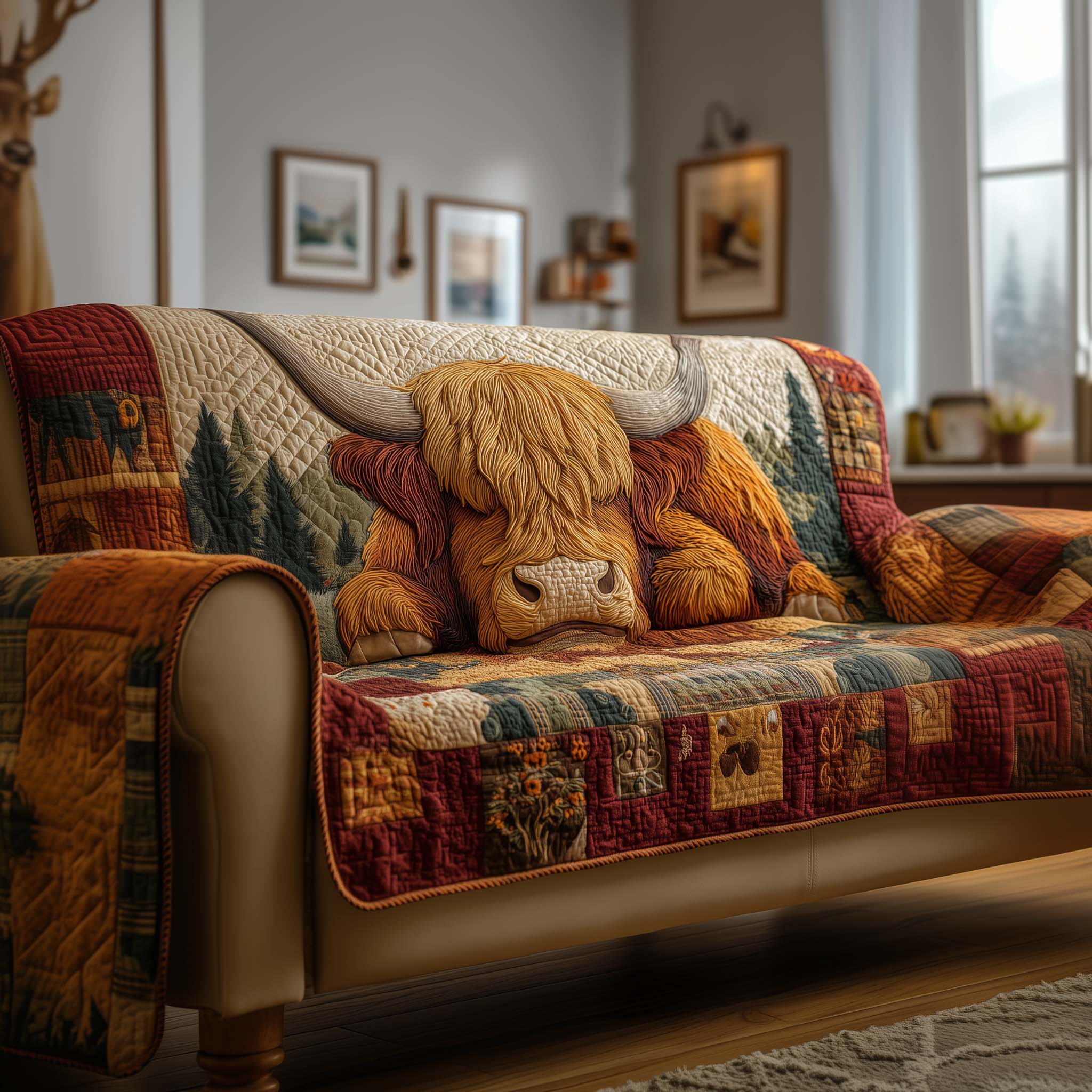 Highland Cow Quilted Sofa Cover Nature's Beauty Wildlife Guard Cow Lover Gift Ideas