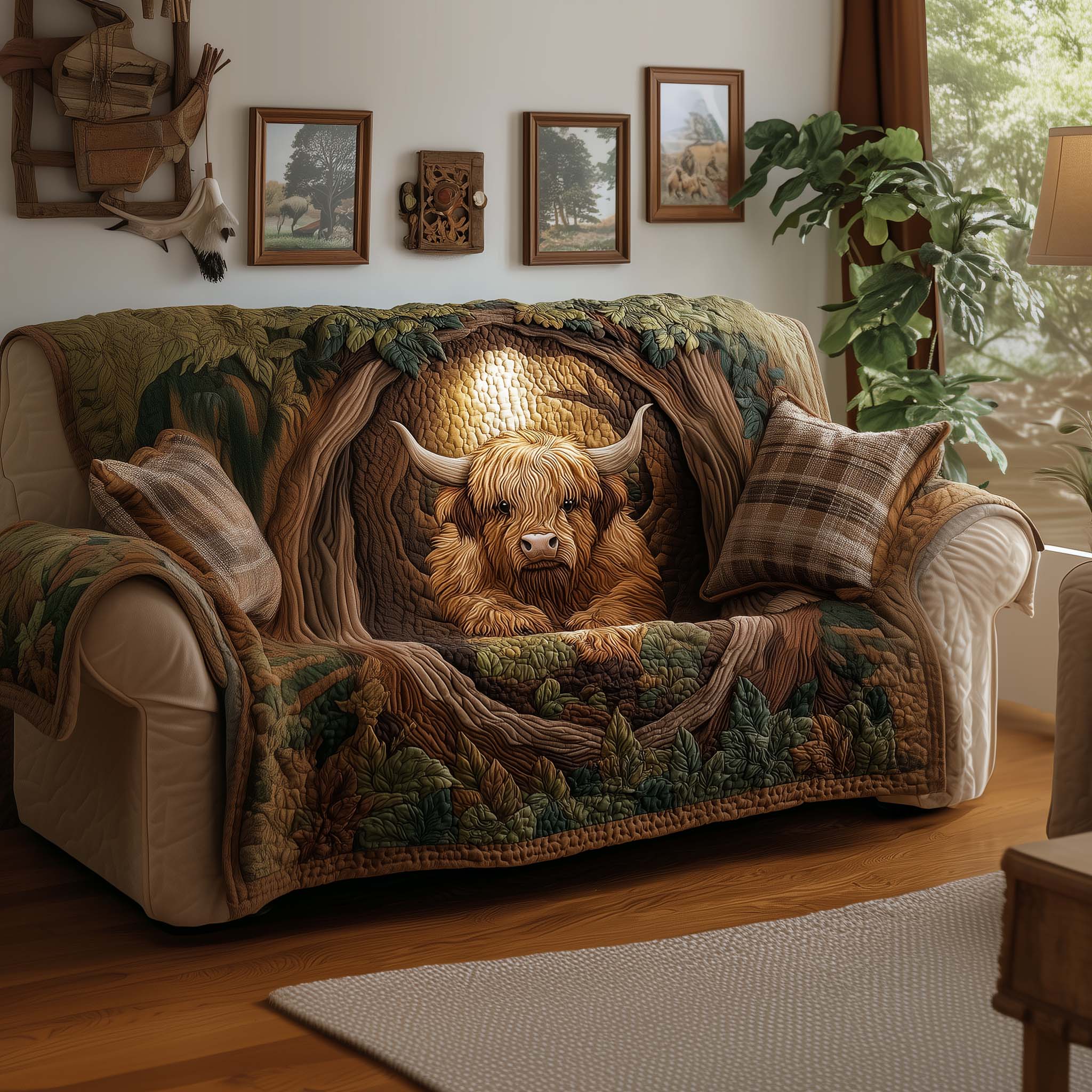 Highland Cow Quilted Sofa Cover Rustic Hairy Coo Farm Animal Cow Lover Gift Ideas