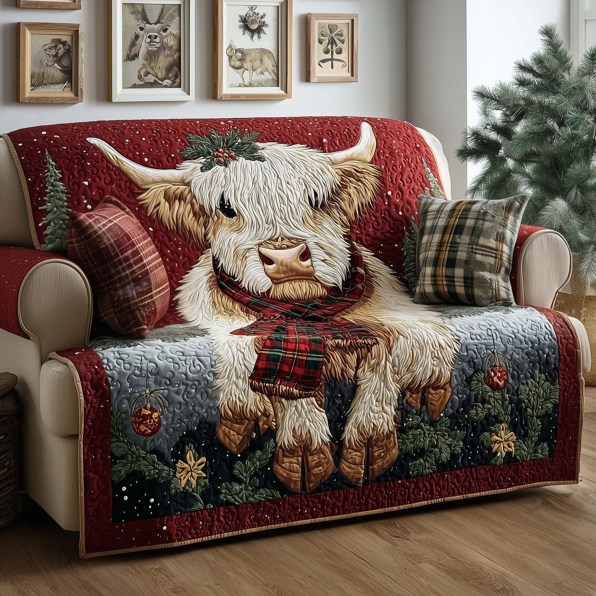 Highland Cow Quilted Sofa Cover Whimsical Farm Christmas Cow Lover Gift Ideas