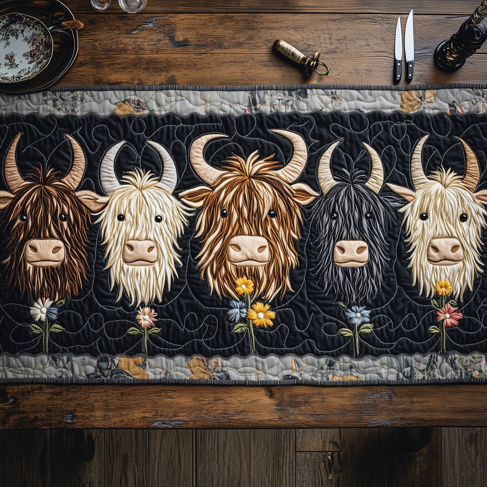 Highland Cow Quilted Table Runner Christmas Table Runner for Dining Room