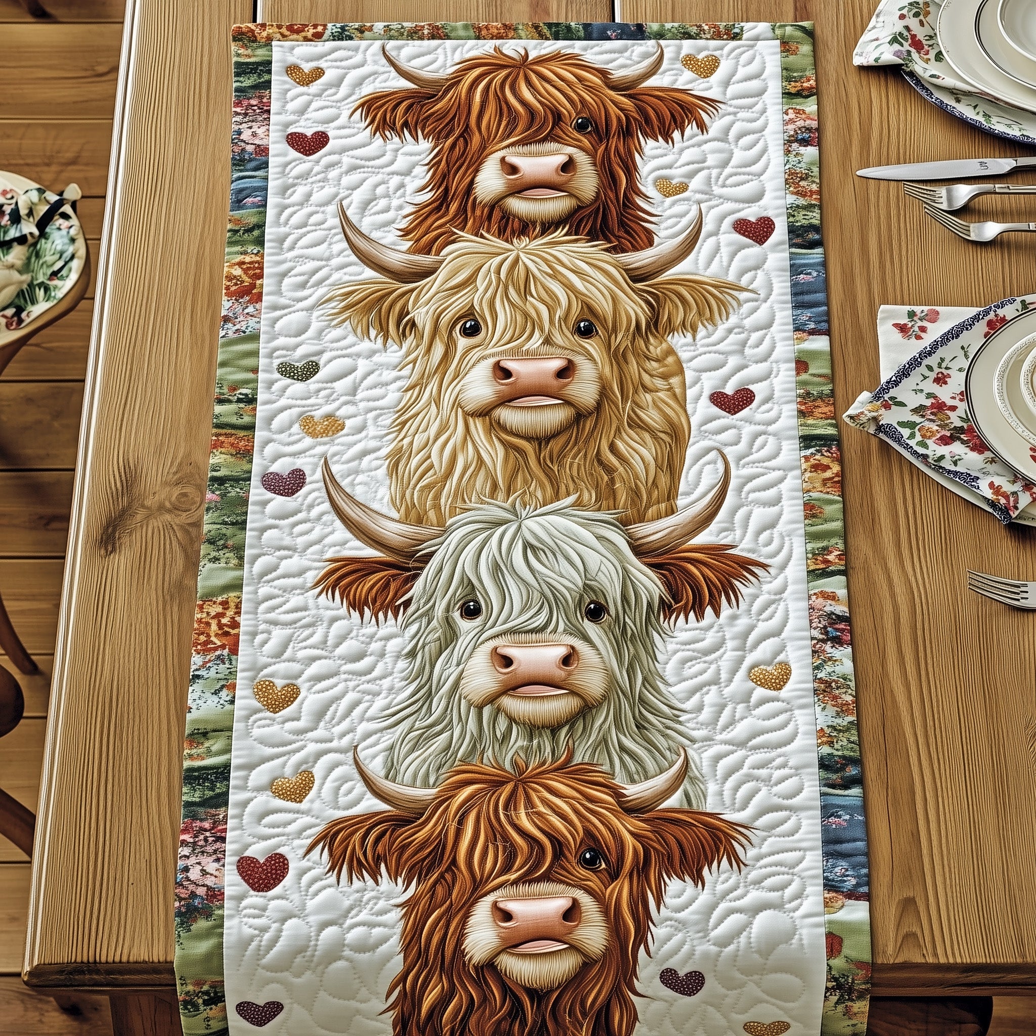 Highland Cow Quilted Table Runner Cozy Christmas Table Runner