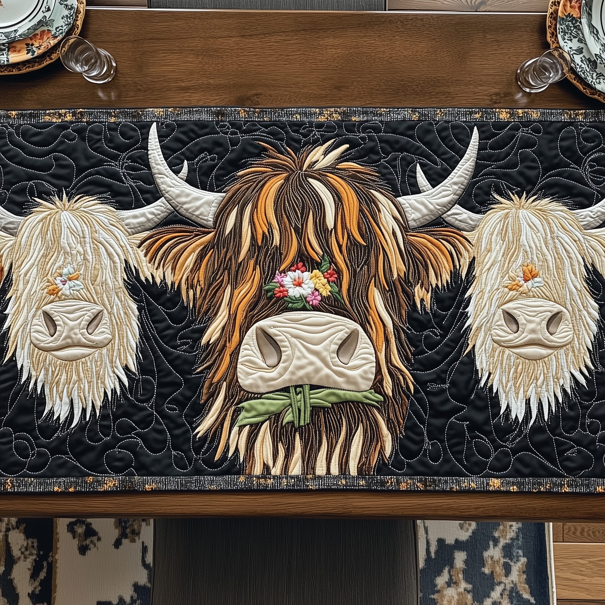 Highland Cow Quilted Table Runner Cozy Winter Table Runner for Home