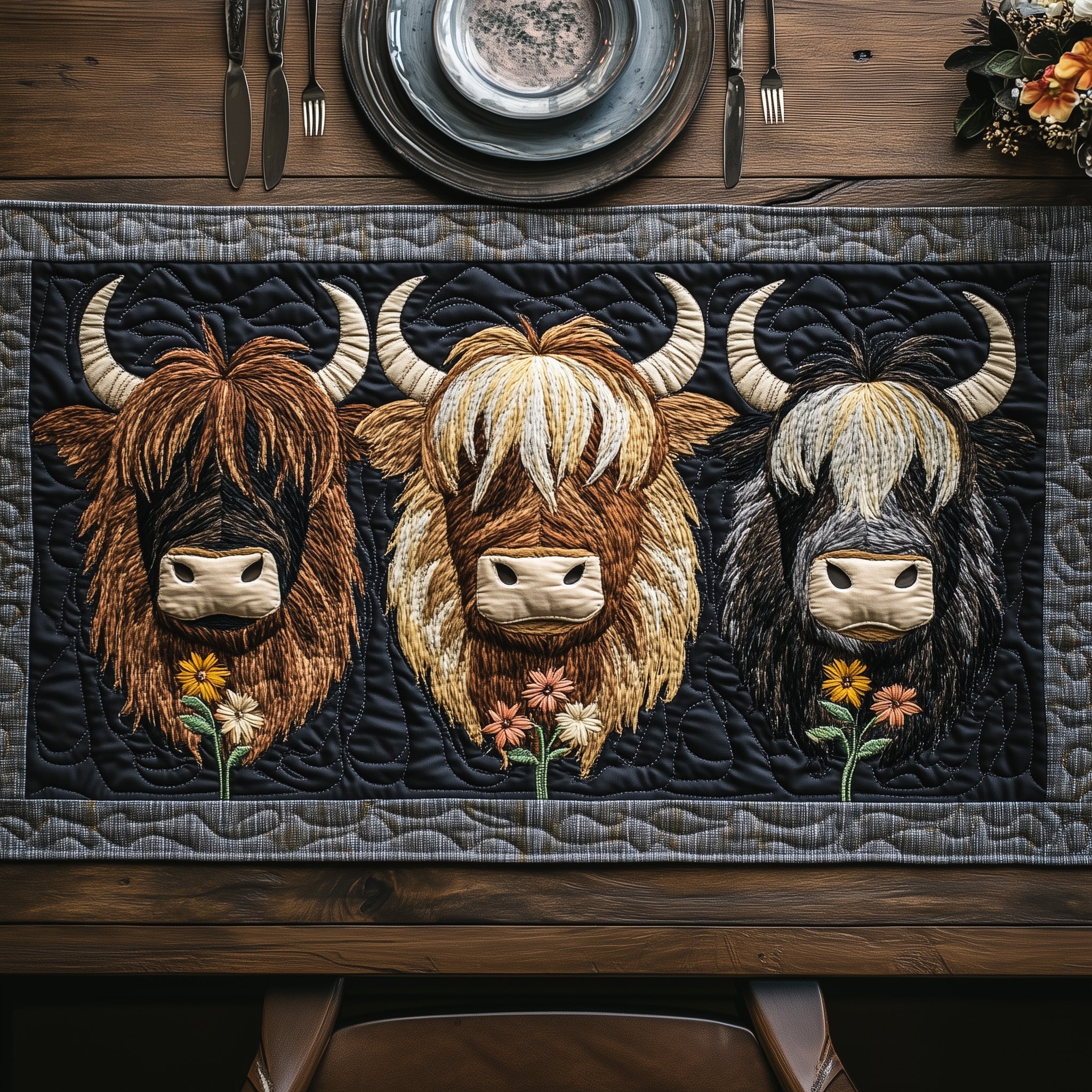 Highland Cow Quilted Table Runner Festive Holiday Table Runner Decor