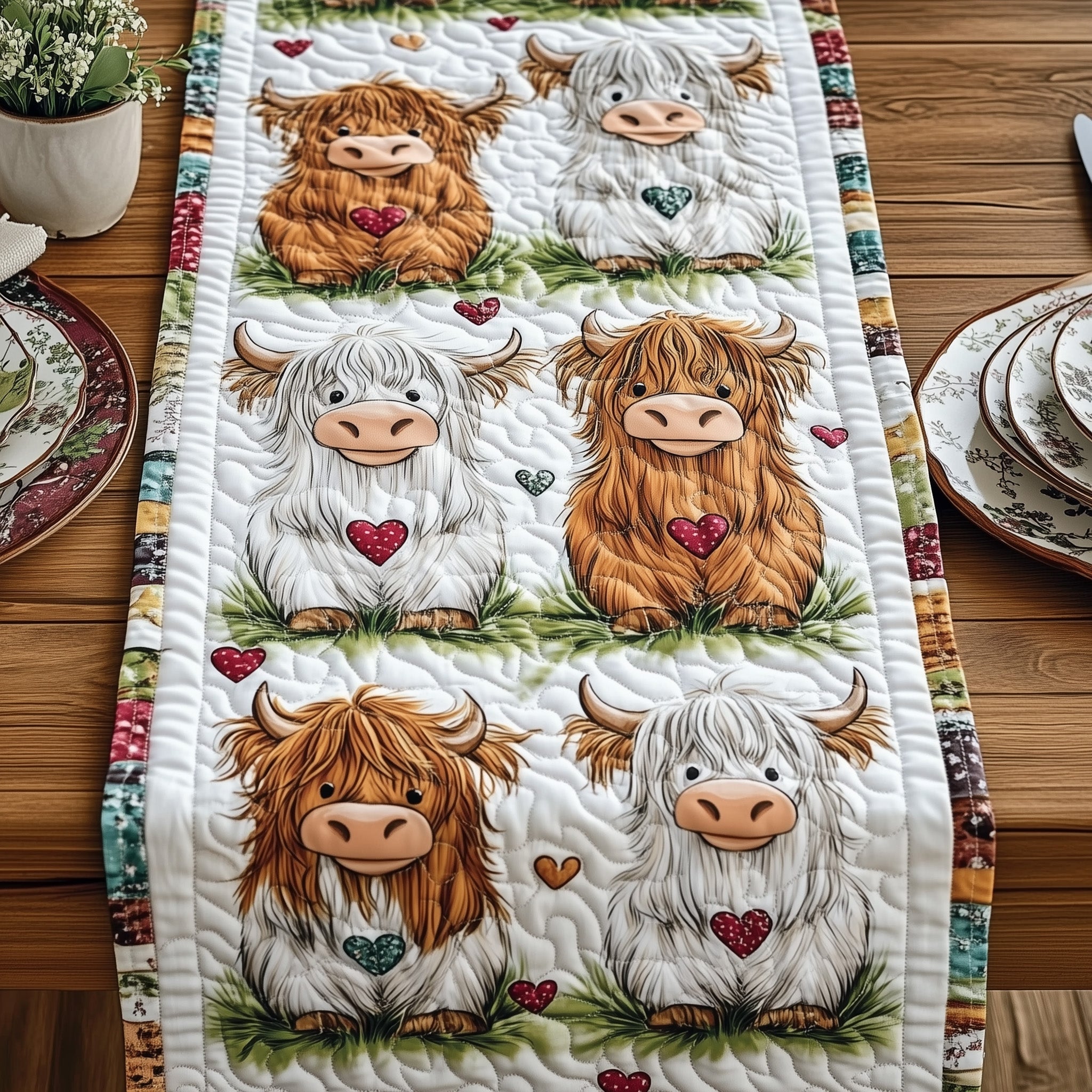 Highland Cow Quilted Table Runner Festive Table Runner for Dining Table