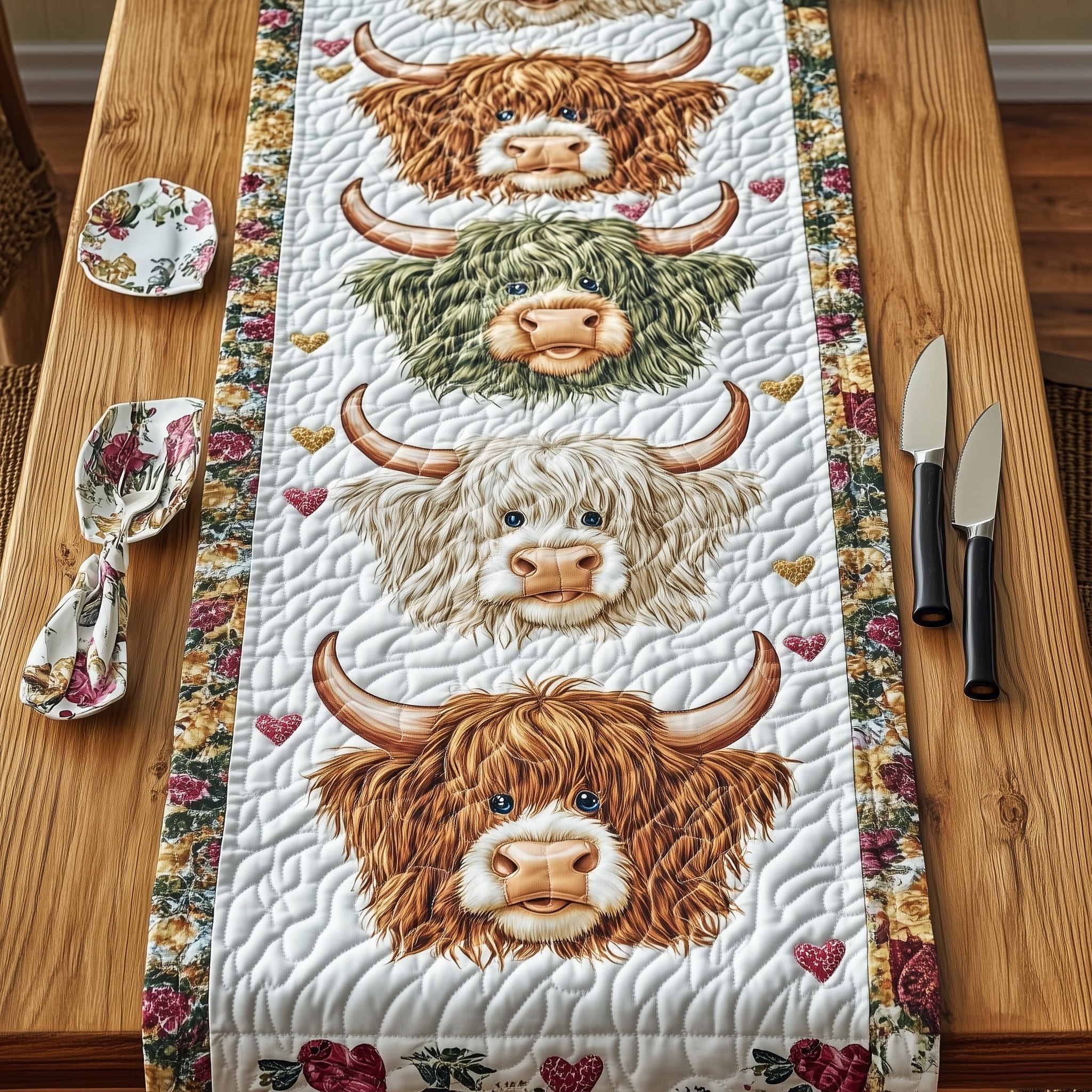 Highland Cow Quilted Table Runner Holiday Season Table Runner
