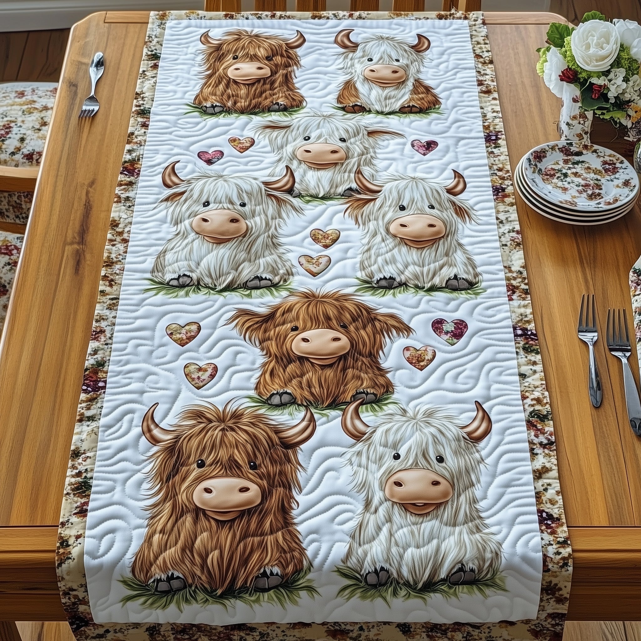 Highland Cow Quilted Table Runner Merry Christmas Table Runner Decor