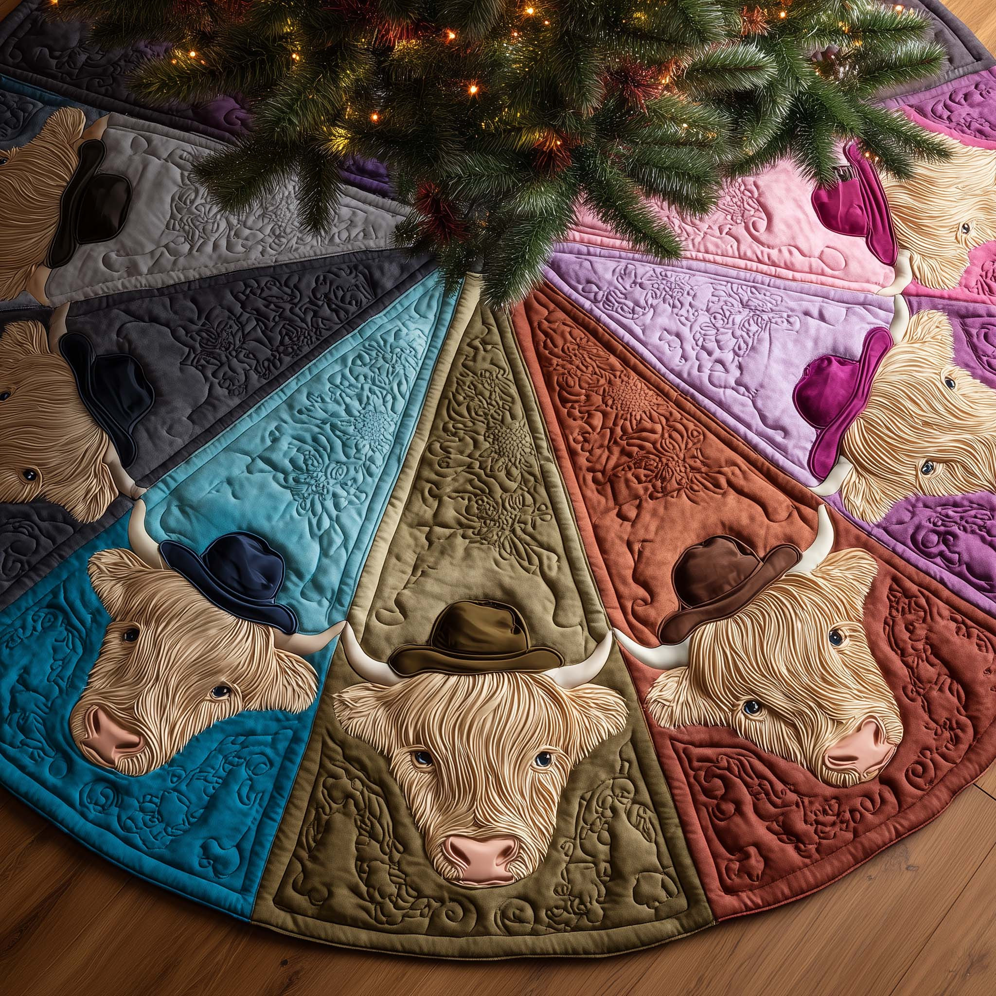 Highland Cow Quilted Tree Skirt Animal Pattern Seasonal Home Decor Christmas Gifts For Cowboy
