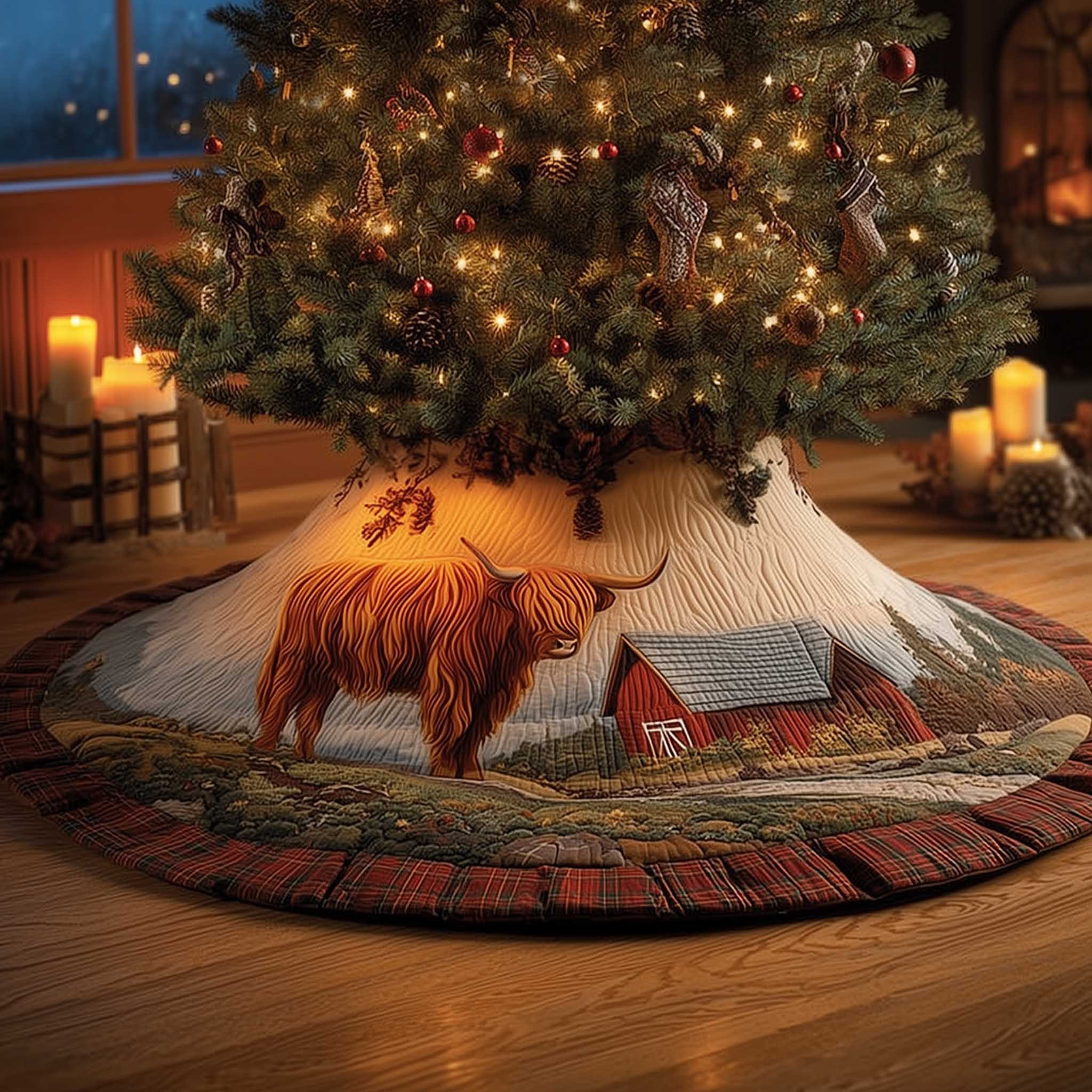 Highland Cow Quilted Tree Skirt Christmas Room Decor Highland Cow Themed Fathers Day Farmer
