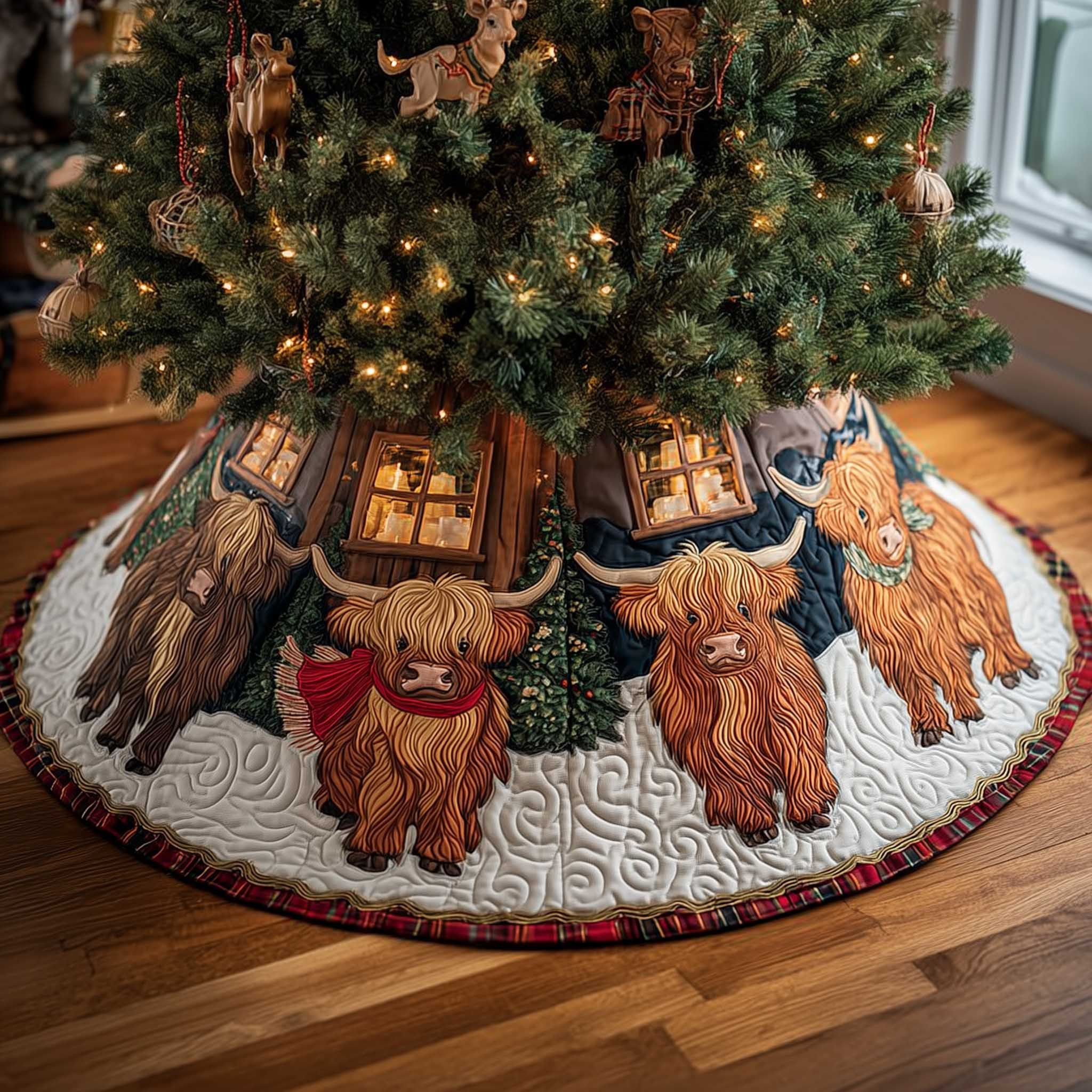 Highland Cow Quilted Tree Skirt Cute Christmas Room Decor Highland Cow Themed Gifts - Image 2
