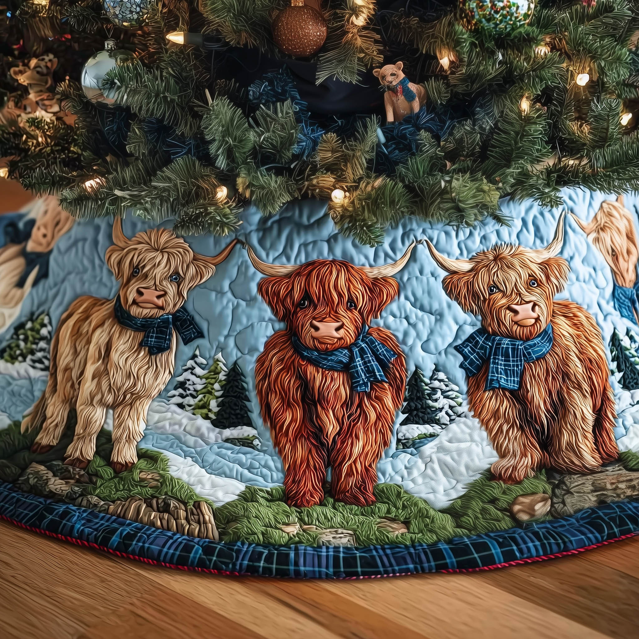 Highland Cow Quilted Tree Skirt Cute Christmas Room Decor Highland Cow Themed Gifts