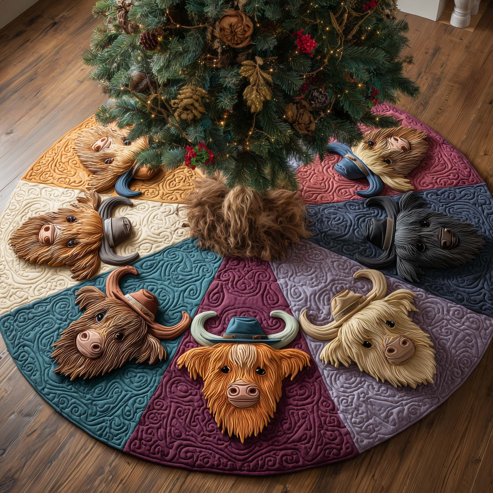 Highland Cow Quilted Tree Skirt Festive Decor Seasonal Home Decor Gifts For Cow Owners