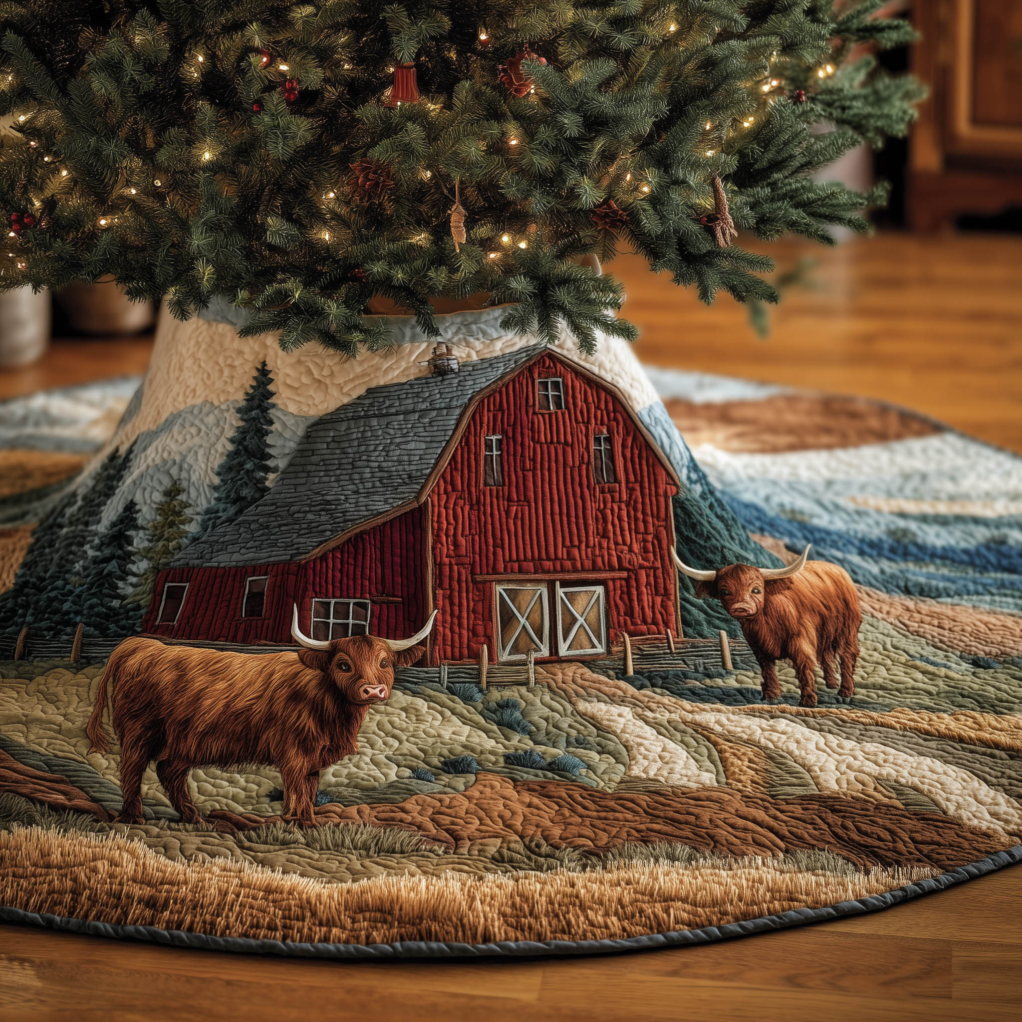 Highland Cow Quilted Tree Skirt Unique Decoration Xmas Highland Cow Gifts For Men