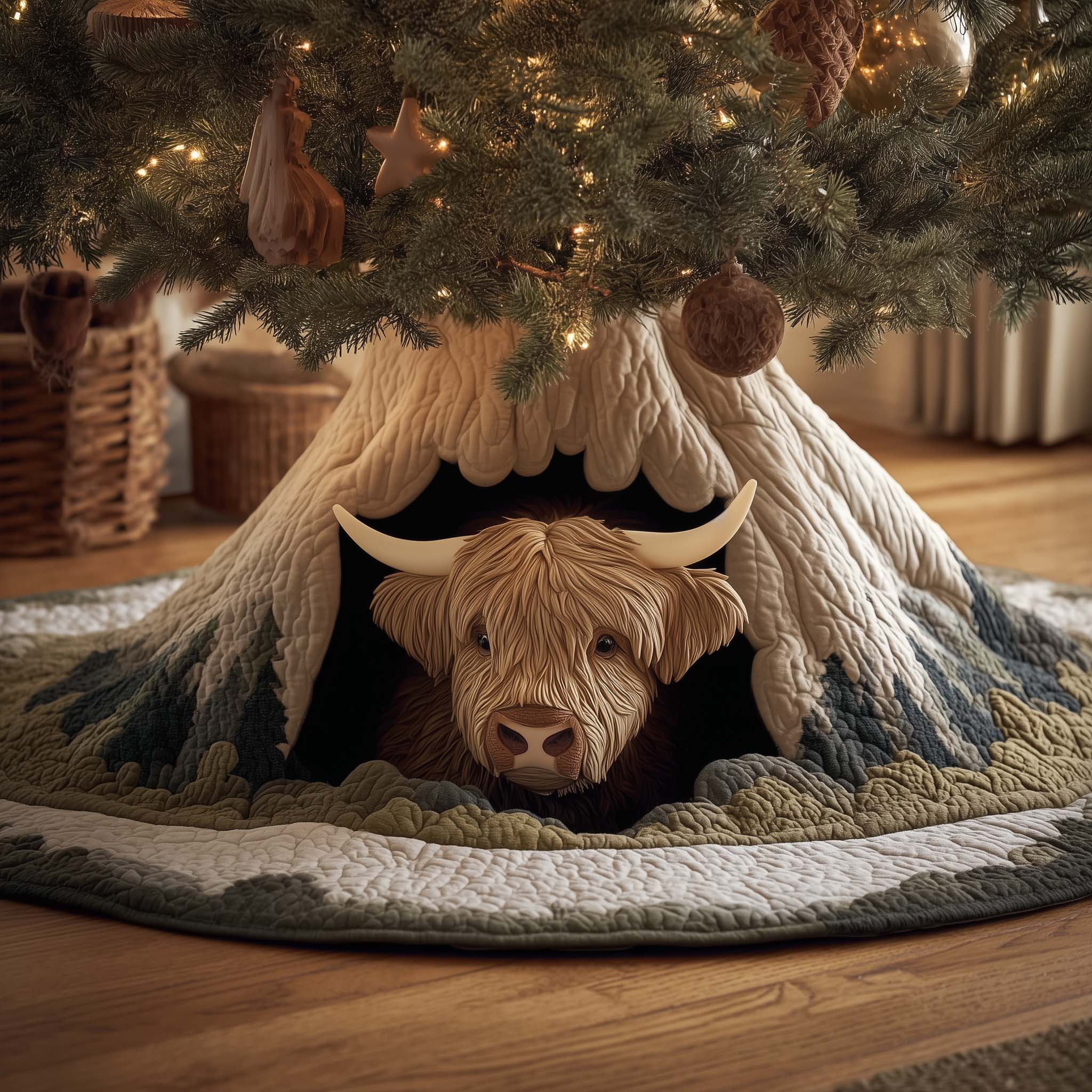 Highland Cow Quilted Tree Skirt Xmas Themed Animal Home Decor Xmas Gifts For Cow Lover