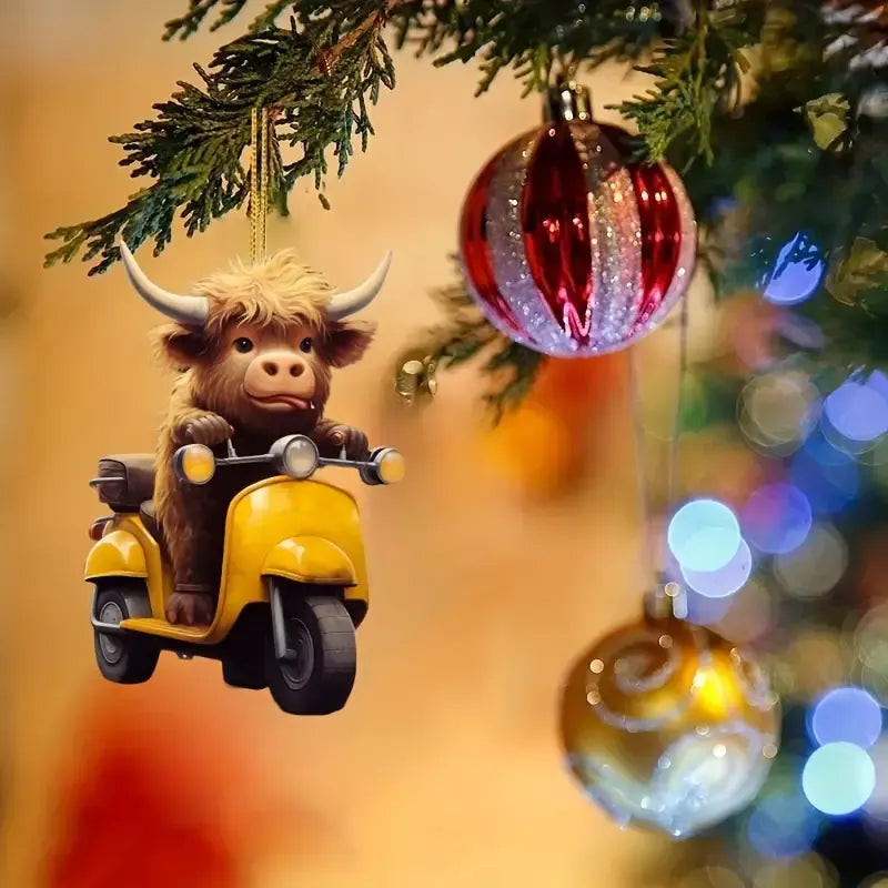 Highland Cow Rides Motorbike Christmas Ornament Xmas Tree Decor Best Christmas Ornaments