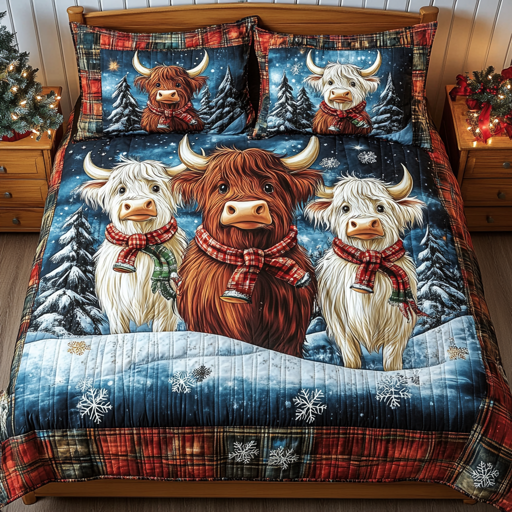 Highland Cow Serenity Quilted Bedding Set Luxury Duvet Cover Set for Elegant Bedroom Decor