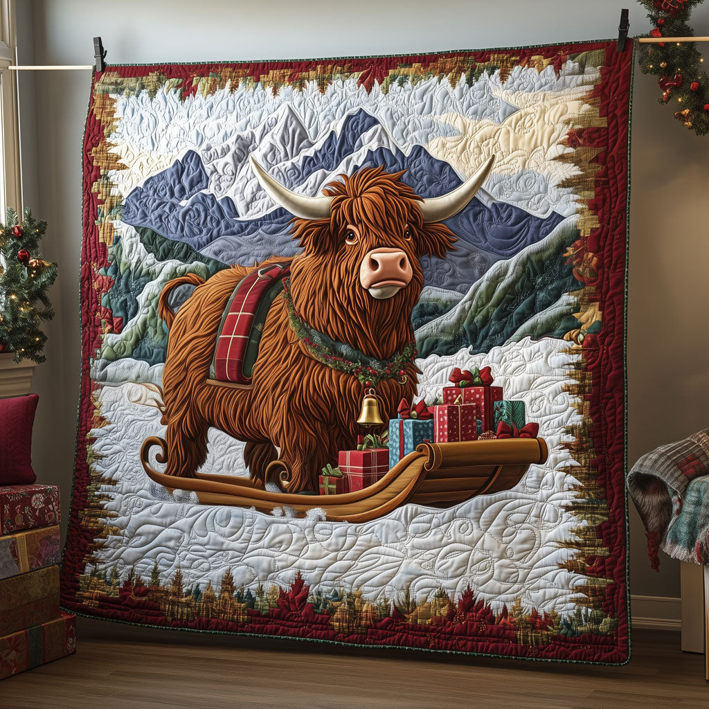 Highland Cow Sleigh Quilted Blanket Christmas Blanket Christmas Gifts For Cow Lovers