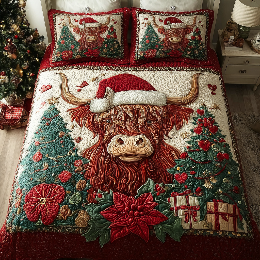 Highland Cow Spirit Quilted Bedding Set Christmas Duvet Cover Highland Cow Presents