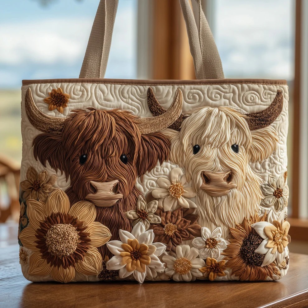 Highland Cow Sunflower Duo Quilted Tote Bag Farmhouse Cow Lover Country Floral Nature Gift For Mom