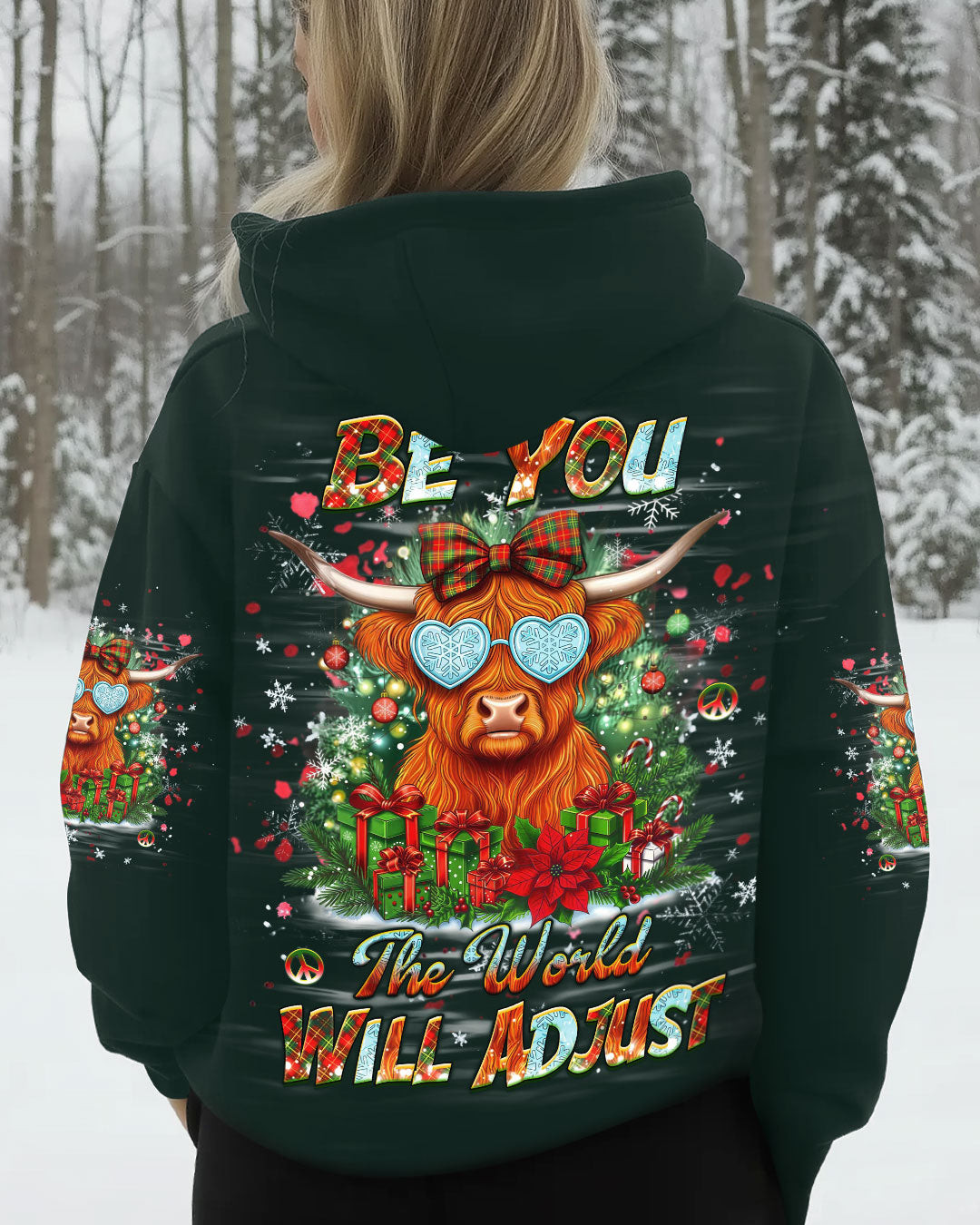 Highland Cow The World Will Adjust Christmas Hoodie Funny Xmas Highland Cow Lovers Gifts