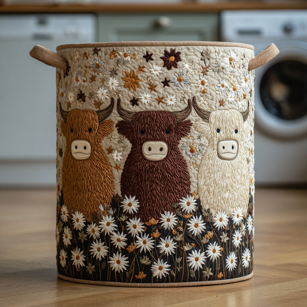 Highland Cow Trio Quilted Laundry Basket Elegant Quilted Laundry Bin for Bedroom and Bathroom