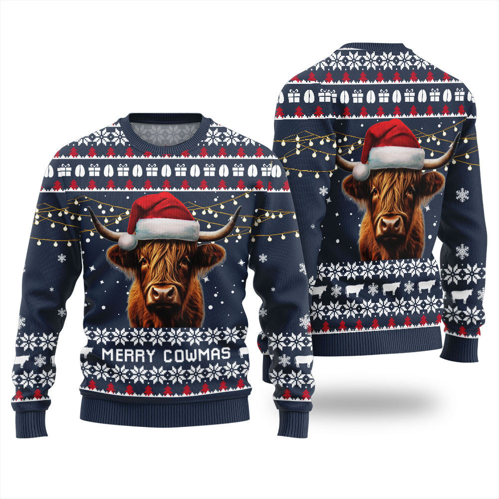 Highland Cow Unique Christmas Sweater Navy Warm and Comfy Sweater for Winter Days