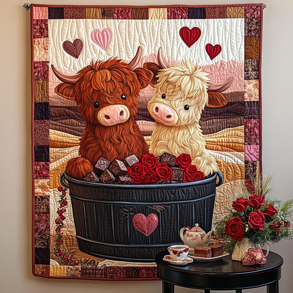 Highland Cow Valentine Quilted Blanket Cute Animal Love Throw Best Gift For Cow Lovers Valentines Day