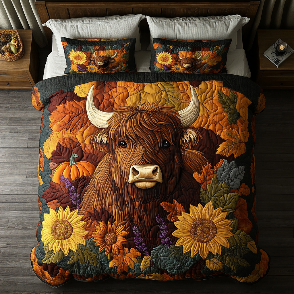 Highland Cow Valley Quilted Bedding Set Autumn Bed Sheet Set Highland Cow Stuff Gifts