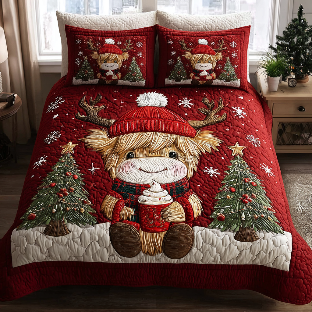 Highland Cow Wonder Quilted Bedding Set Best Christmas Duvet Cover Set Highland Cow Themed Gifts