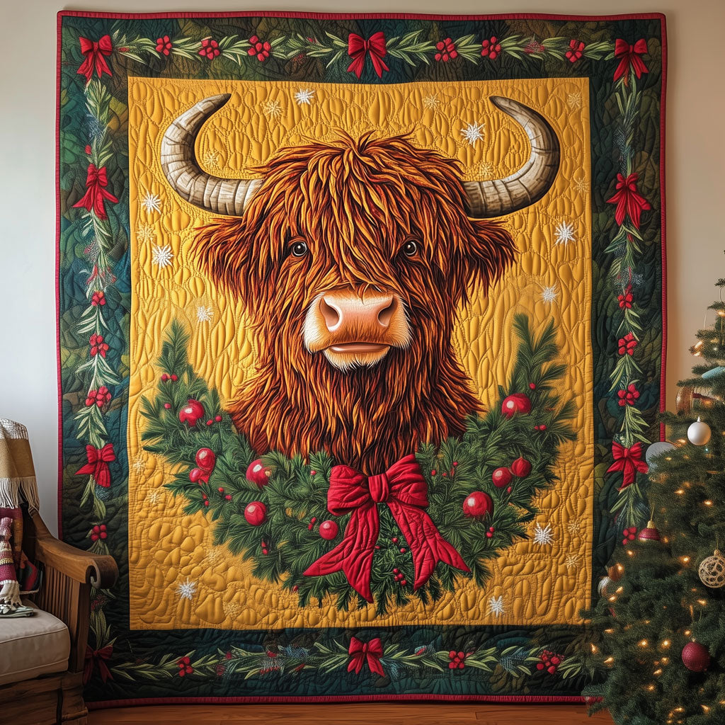 Highland Cow Wreath Quilted Blanket Christmas Blanket Gifts For Highland Cow Lovers