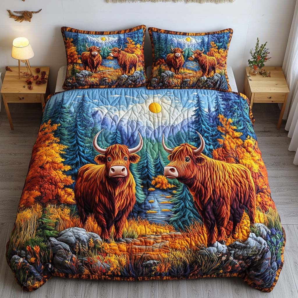 Highland Glory Quilted Bedding Set Holiday Duvet Cover Set Highland Cow Presents