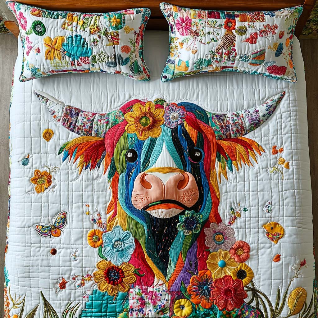 Highland Heartbeat Quilted Bedding Set Best Bedspread Set Best Highland Cattle Gifts Items