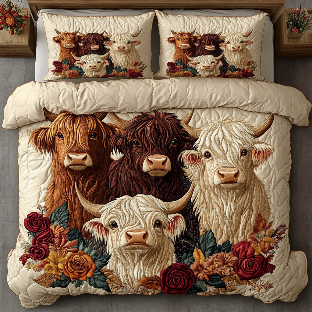 Highland Horn Quilted Bedding Set Bedroom Decorations Highland Cow Stuff Gifts