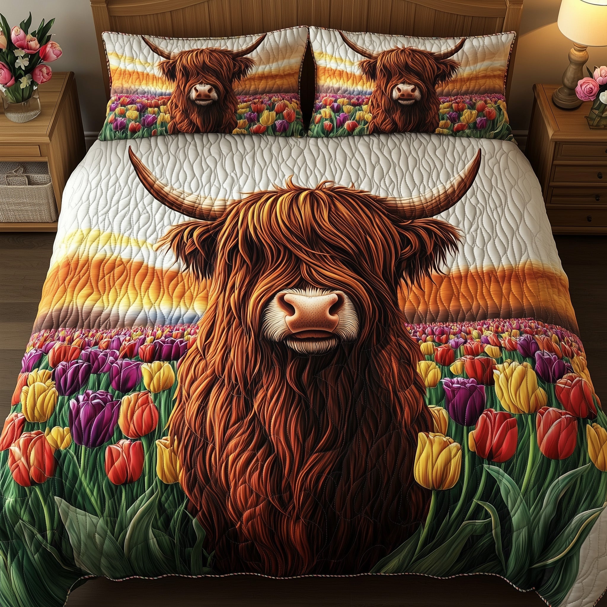 Highland in Bloom Quilted Bedding Set Duvet Cover Merchandise Highland Cattle Merchandise