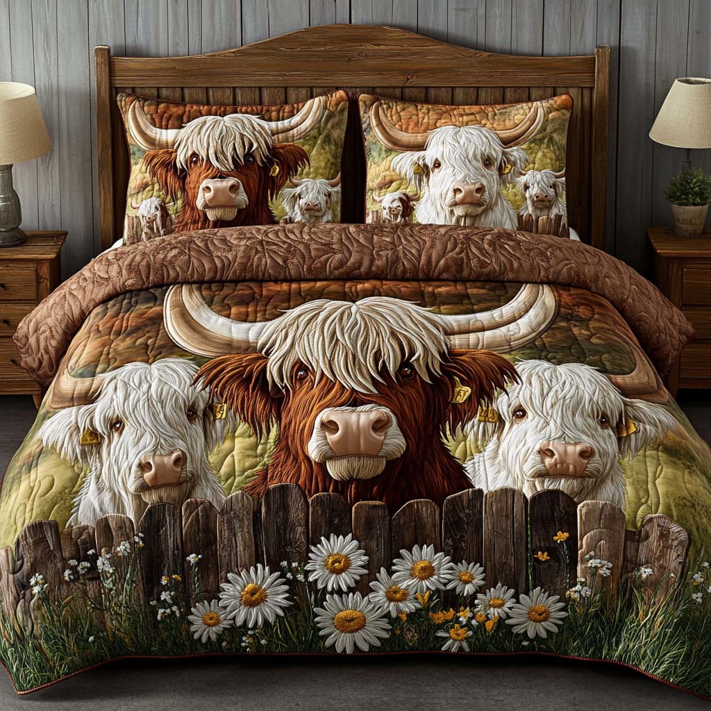 Highland Meadow Dream Quilted Bedding Set Holiday Duvet Cover Set Highland Cow Gifts For Men