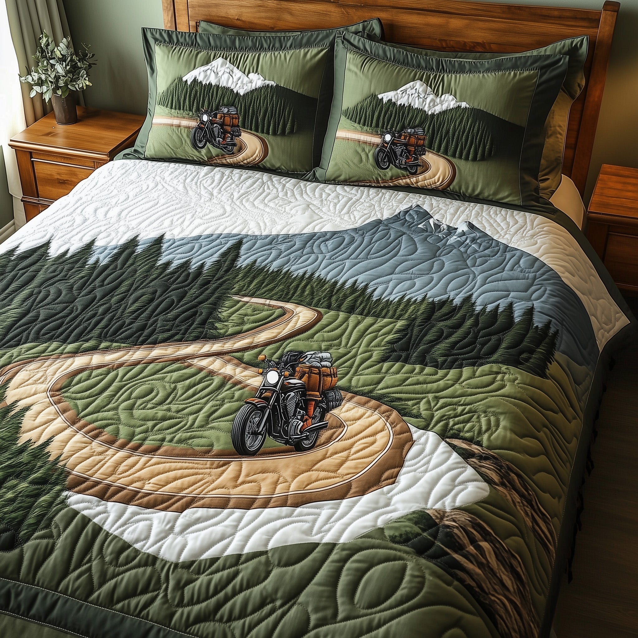 Highland Motorcycle Journey Quilted Bedding Set Duvet Cover Merchandise Motorcycle Gift Ideas For Him