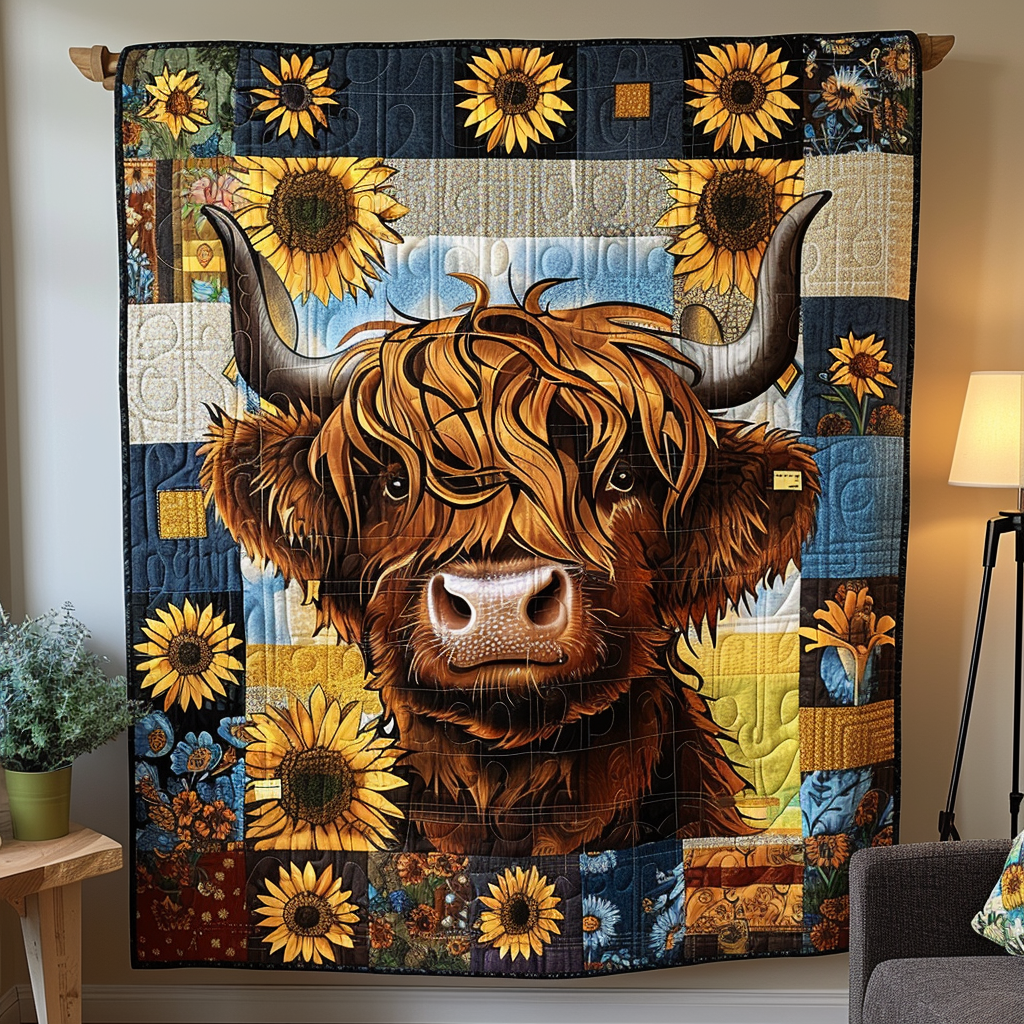 Highland Sunflower Delight Quilted Blanket Gift For Cow Lover