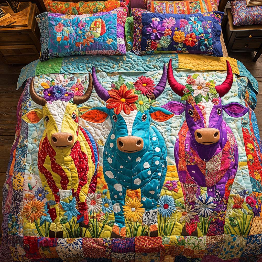 Highland Sunset Glow Quilted Bedding Set Holiday Duvet Covers Gifts For Highland Cow Lovers