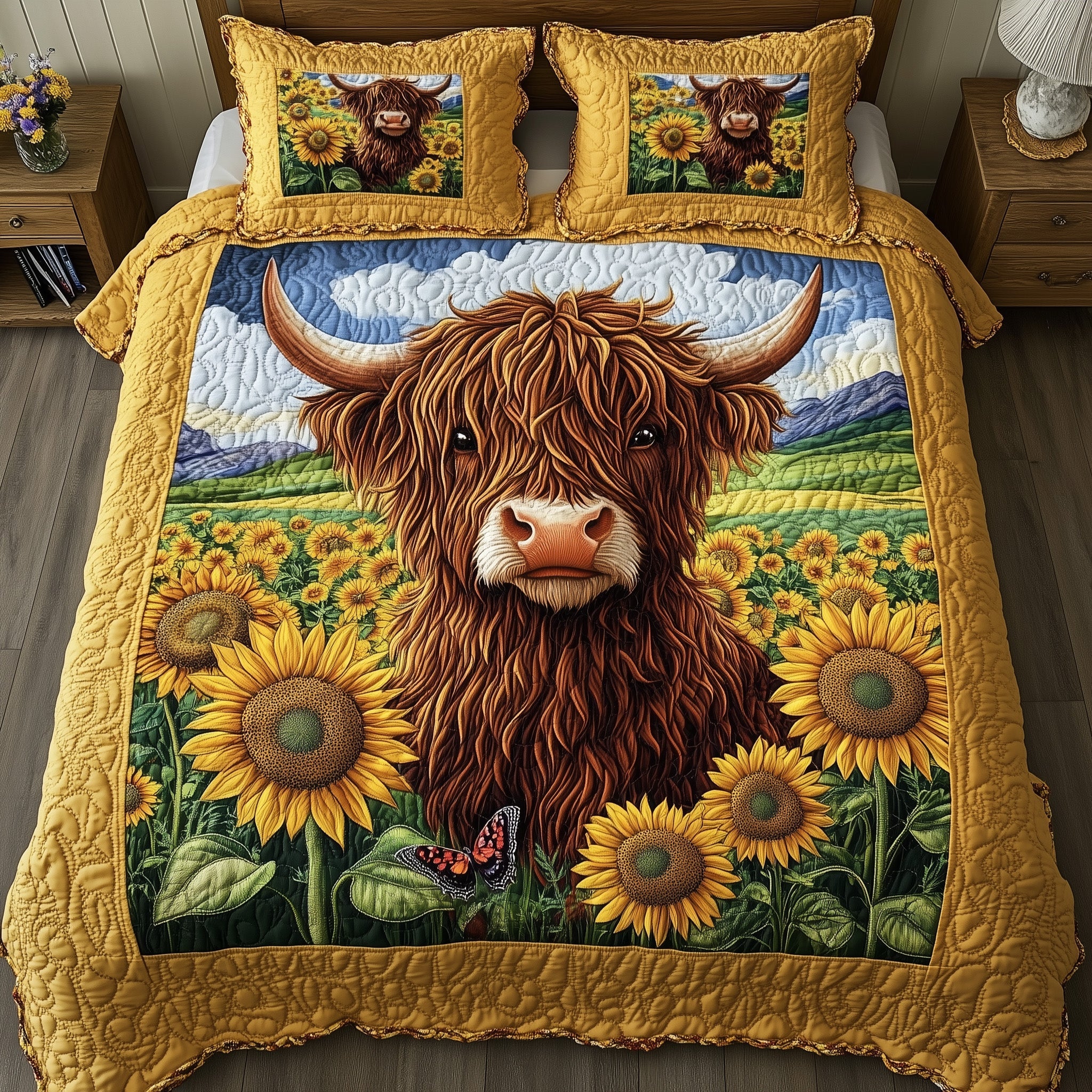 Highland Sunshine Quilted Bedding Set Duvet Cover Merchandise Highland Cow Gifts For Men