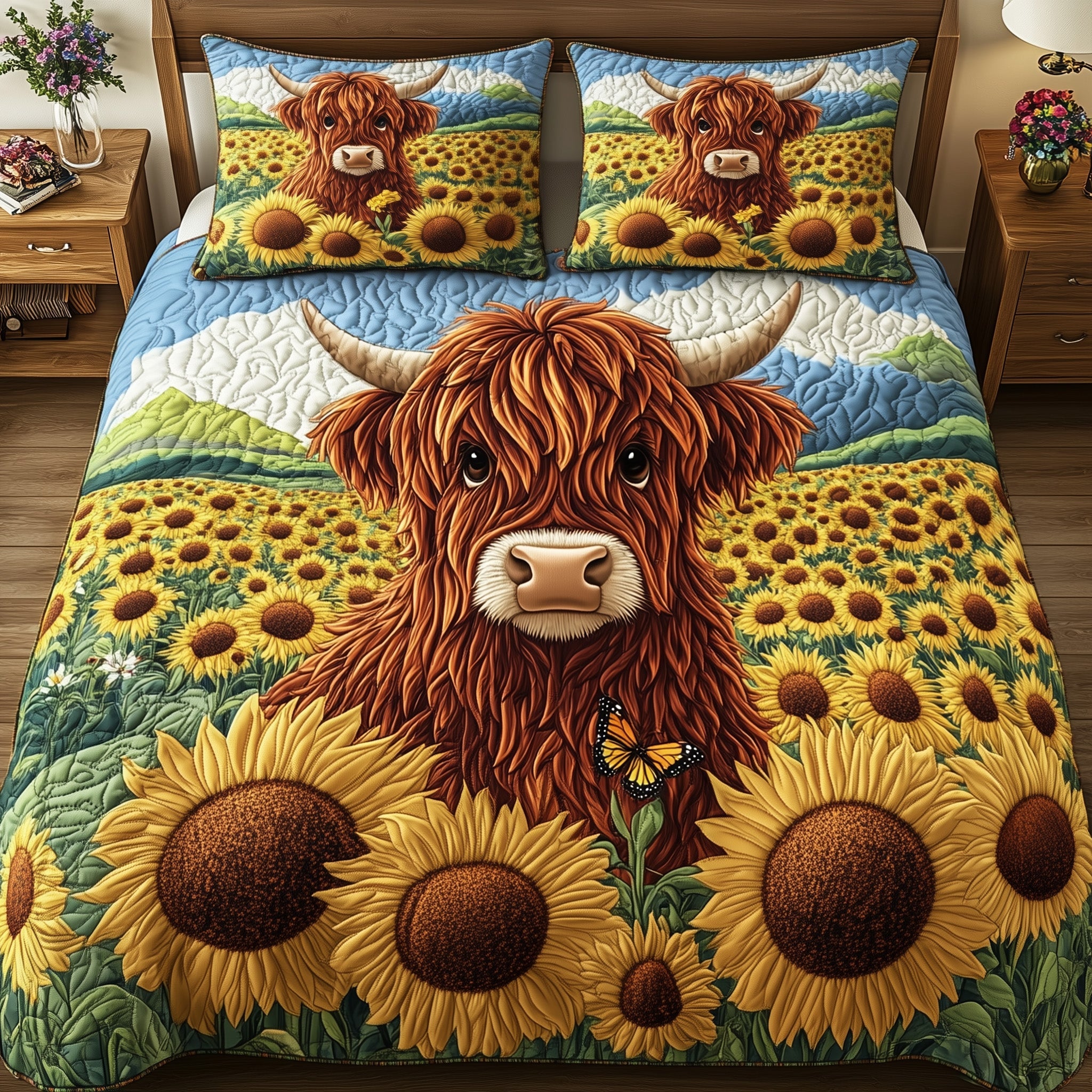 Highland Sunshine Quilted Bedding Set Duvet Cover Merchandise Highland Cow Gifts For Women
