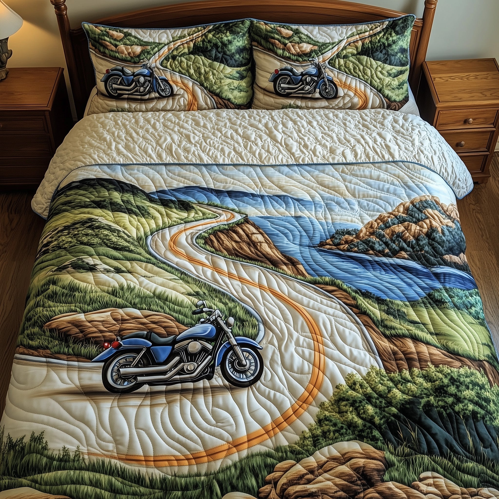 Highway by the Sea Quilted Bedding Set Duvet Cover Merchandise Motorbike Related Gifts
