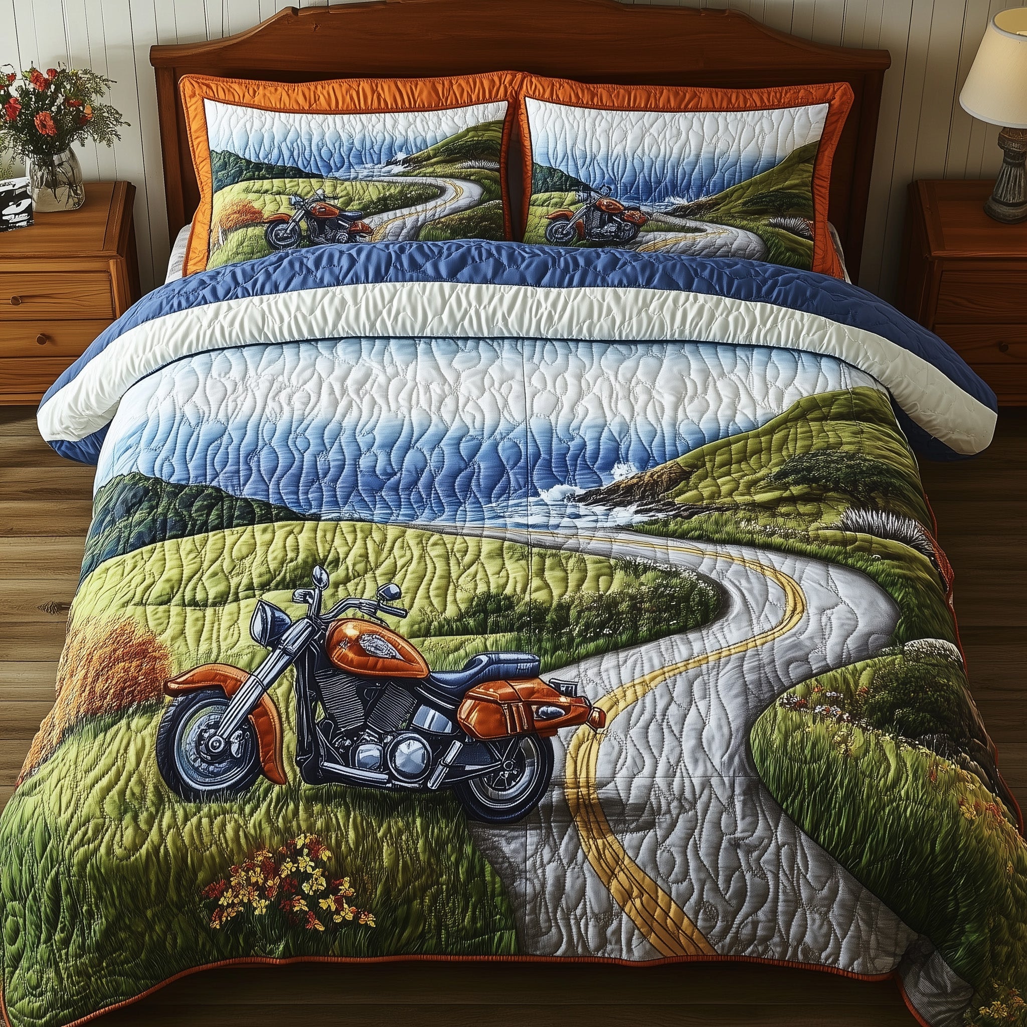 Highway by the Sea Quilted Bedding Set Duvet Cover Merchandise Presents For Motorbike Lovers