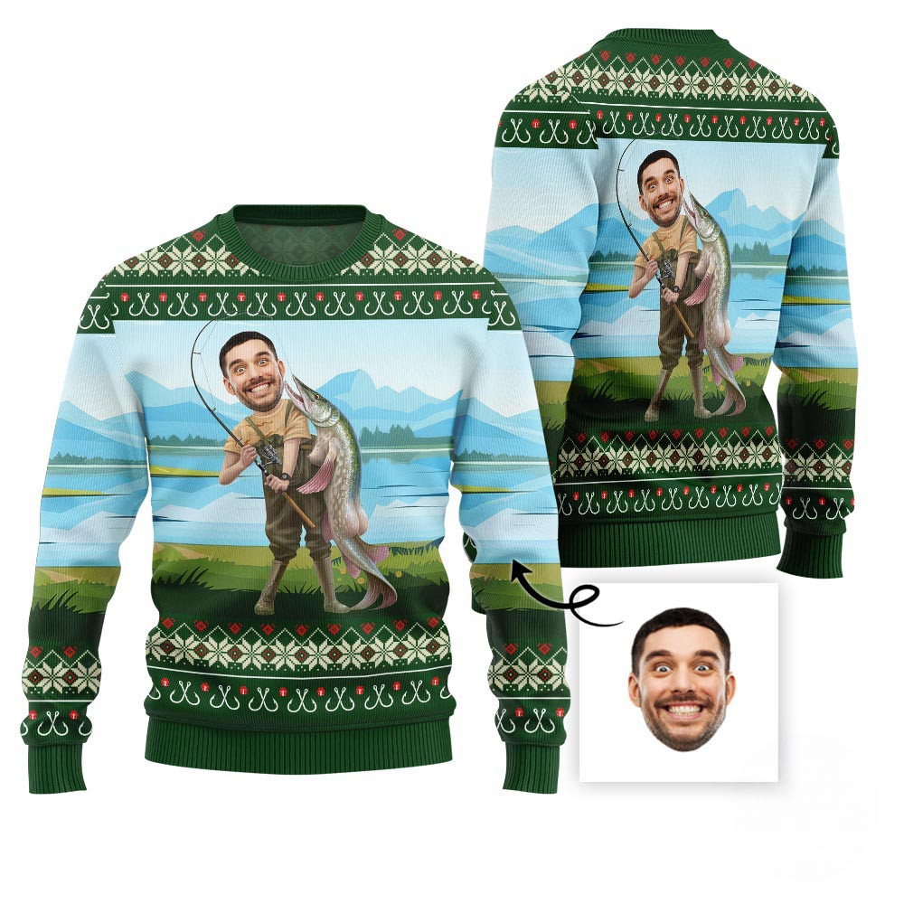 Hilarious Custom Face Fishing Ugly Xmas Sweater For Men Christmas Gift Ideas For Wife