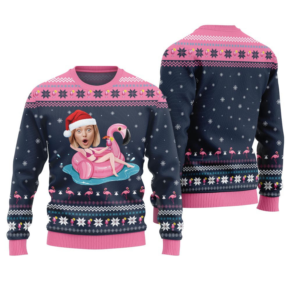 Hilarious Custom Face Flamingo Christmas Sweater Ugly Sweaters For Christmas