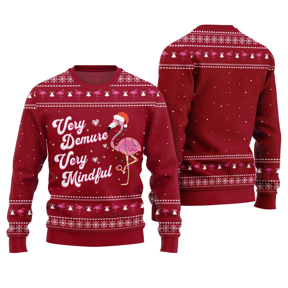 Hilarious Demure Mindful Flamingo Ugly Xmas Sweater Red Unique Holiday Merch Gift for Home and Family