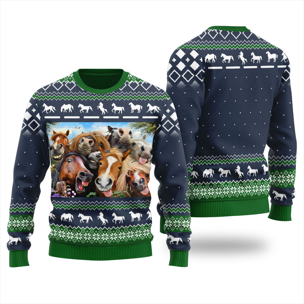 Hilarious Horse Ugly Christmas Sweater Navy Best Gift Idea for Christmas Enthusiasts