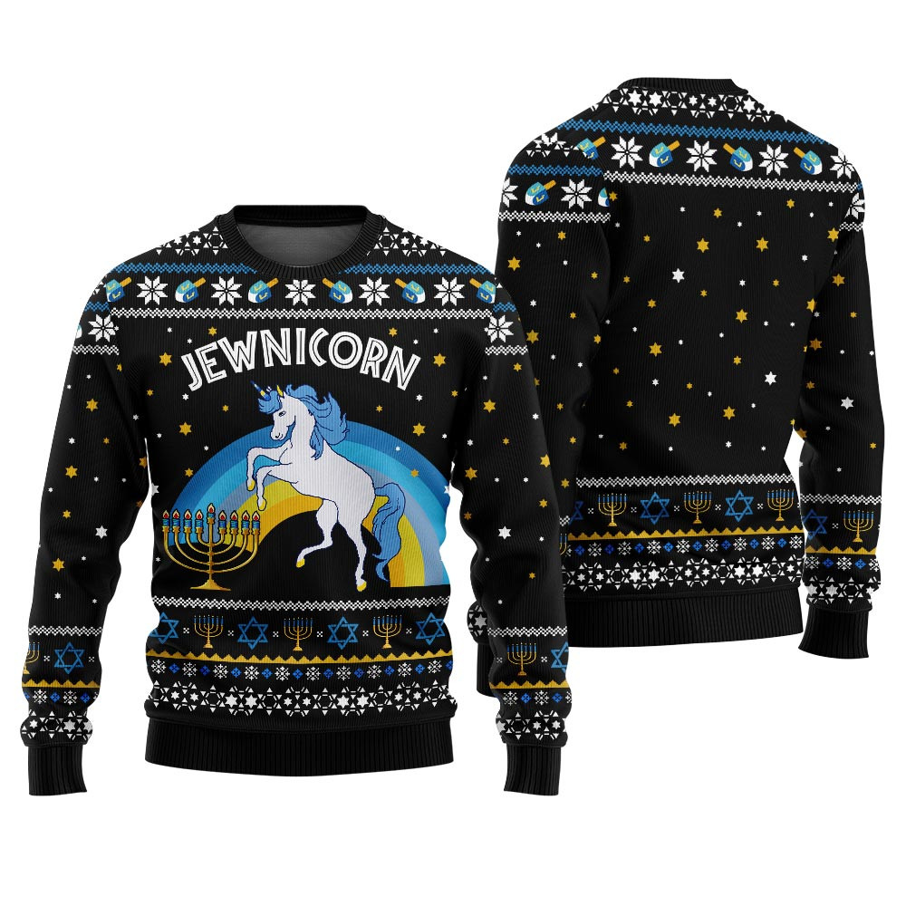Hilarious Jewnicorn Ugly Hanukkah Sweater Black Perfect Winter Merch Gift for the Holiday Spirit