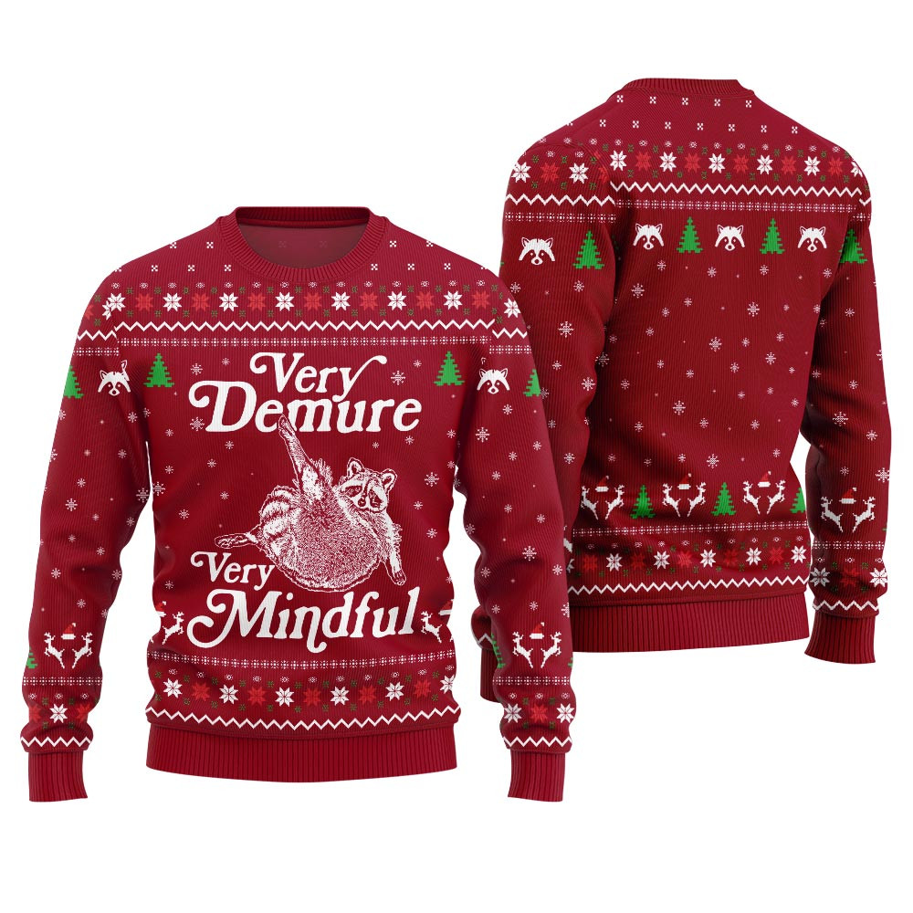 Hilarious Racoon Demure Mindful Funny Sweater Red Festive Sweatshirt for Christmas Celebrations