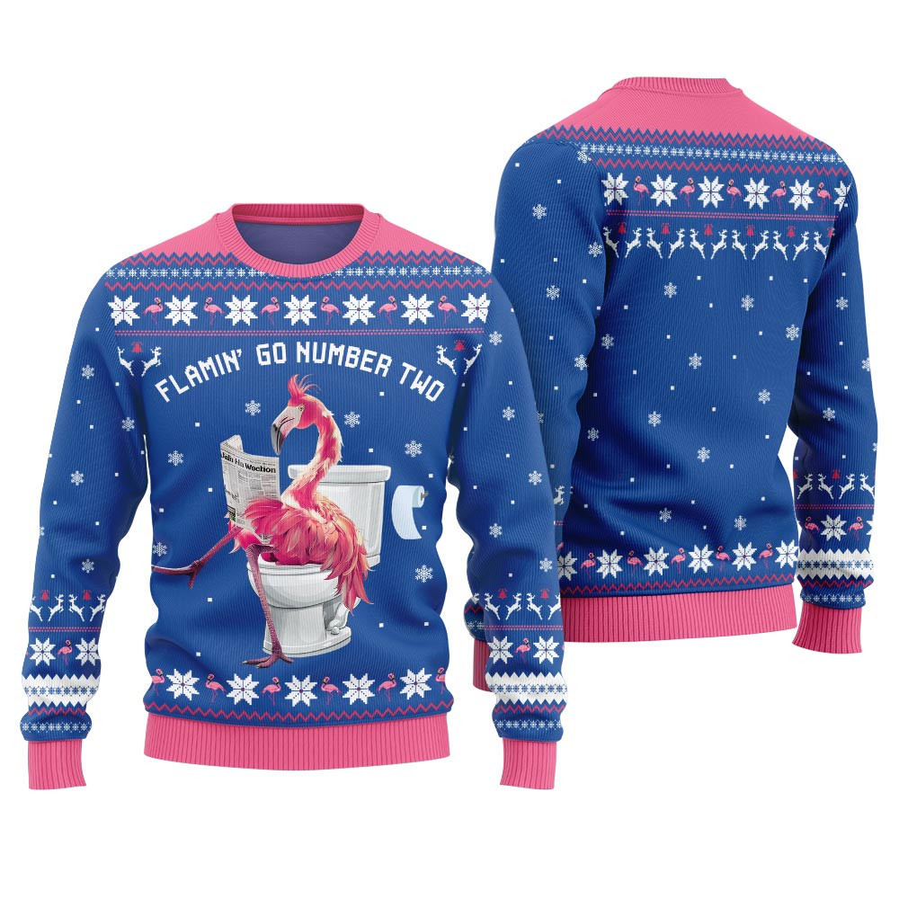 Hilarious Tacky Flamingo Go Number Two Ugly Christmas Sweater Stylish Winter Sweatshirt for Everyday Wear